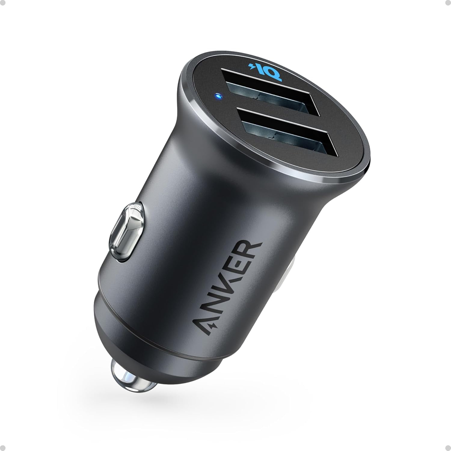 Anker 320 Car Charger (24W II), Mini Aluminum Alloy Dual USB with Blue LED for iPhone16 15 14 13 12 Series, iPad Pro/Air 2/Mini, Galaxy and More Not Compatible with Quick Charge (Black)