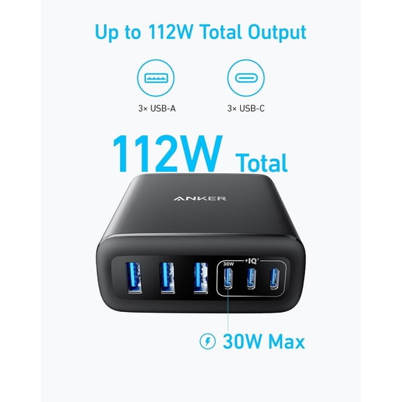 Anker Desktop Charger, Fast Charging USB C Charger, 112W Max 6-Port Charging Station