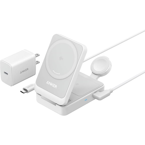 Anker MagGo 3 in 1 MagSafe-Compatible Wireless Charger Stand, Qi2 Certified 15W Foldable Charger, compatible for iPhone 17/16/15, AirPods, Apple Watch Ultra(Adapter Included)