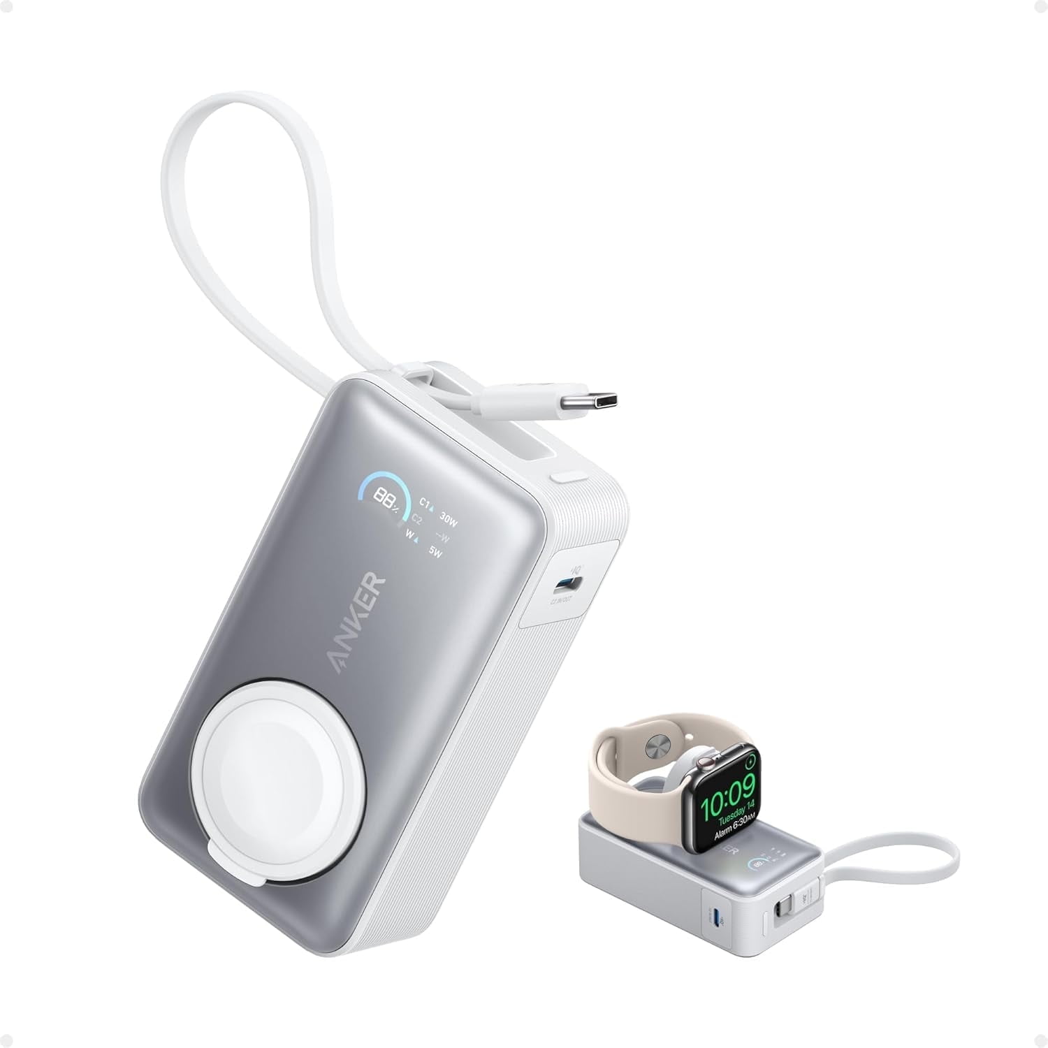 Anker MagGo Power Bank for Apple Watch, Officially Certified 10,000mAh Compact Battery Pack with Built-in USB-C Cable, 35W Max, for iPhone 15 Series, Samsung, iPad, AirPods, and More(White)