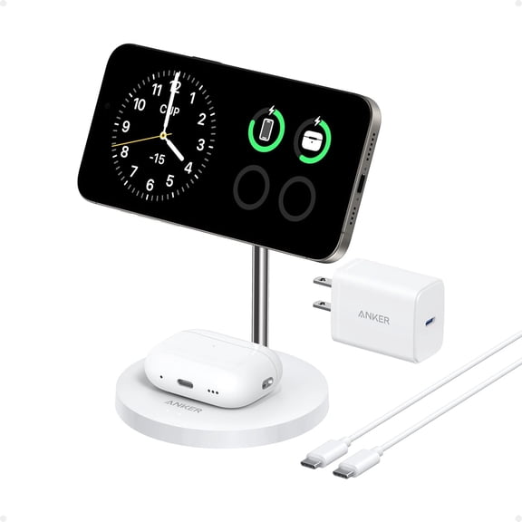 Anker MagSafe Compatible MagGo Charger Stand, 2-in-1 Wireless Charging Station, Qi2 Certified 15W Max Charging, Compatible for iPhone 17/16/15/14/13/12, AirPods Pro (White, with 40W Adapter)