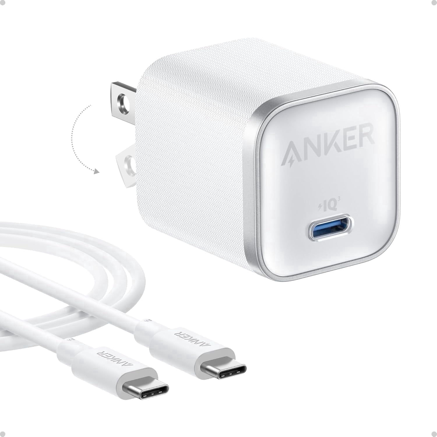Anker Nano Charger, 45W Fast Charging, Compact and Foldable Plug USB C Charger Block Compatible for iPhone 17 Series, MacBook, Pixel 9, iPad, Samsung Galaxy S25 Ultra Series (6 ft Cable Included)