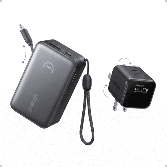 Anker Nano Power Bank (10K, 45W, Built-In Retractable USB-C Cable) + Anker Nano Charger (45W, Smart Display, 180 Foldable)