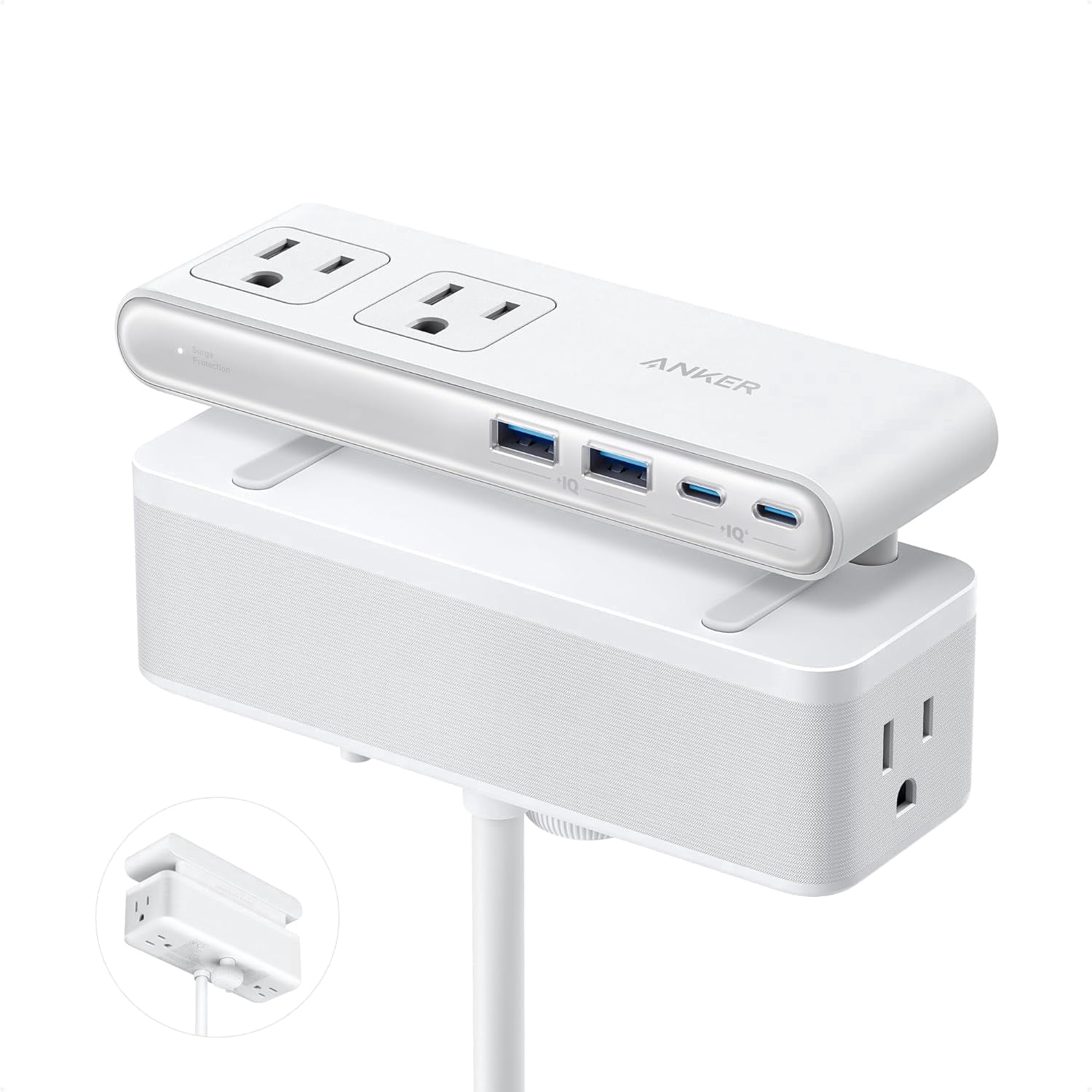 Anker Nano Power Strip, Desk Clamp with 1500J Surge Protector, 5ft Extension Cord, 70W Max Gaming Desk Accessories, 6 AC, 2 USB A, 2 USB C, Home Office Essentials, Fit 0.6~1.8'' Tabletop Edge