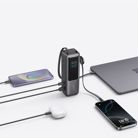 Anker Laptop Power Bank, 25,000mAh Portable Charger with Triple 100W USB-C Ports, Built-in Retractable Cables, Flight-Approved for Travel, Compatible for iPhone 17/16 Series,Macbook,Samsung, and More
