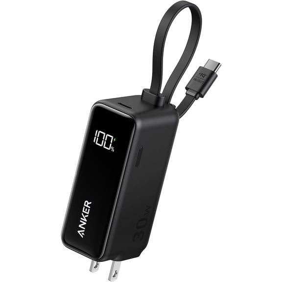 Anker Power Bank USB C Charger Block, 3-in-1 5,000mAh Portable Charger with Built-in USB-C Cable and Foldable AC Plug, 30W Max Compact Battery Pack, for iPhone 15 Series, Galaxy, MacBook, and More