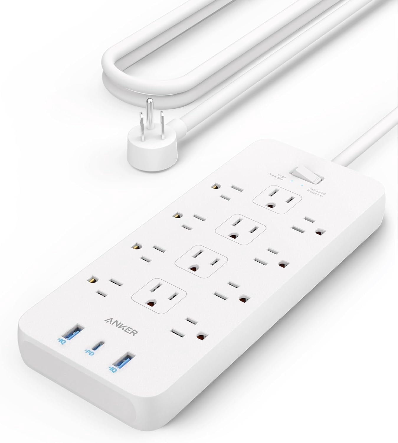 Anker Power Strip with 3 USB Ports, Surge Protector (2100J-5ft), 12 Outlets with 2 USB-A Ports and 1 USB-C Port,Flat Plug, Compatible with iPhone 16/16 Pro/16 Pro Max, for Home,Office, TUV Listed