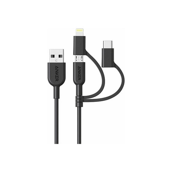 Anker Powerline II 3-in-1 Cable, Lightning/Type C/Micro USB Cable, 3ft, Black
