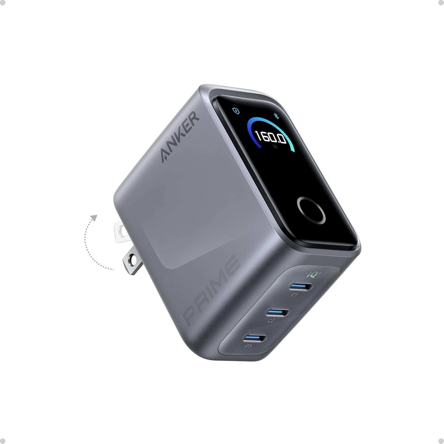 Anker Prime Charger,160W 3-Port Compact GaN USB C Charger Block,Smart Display and Touch Control,Compatible for MacBook Pro,Laptop,iPhone 17 Series(Cable Not Included,Non-Battery)