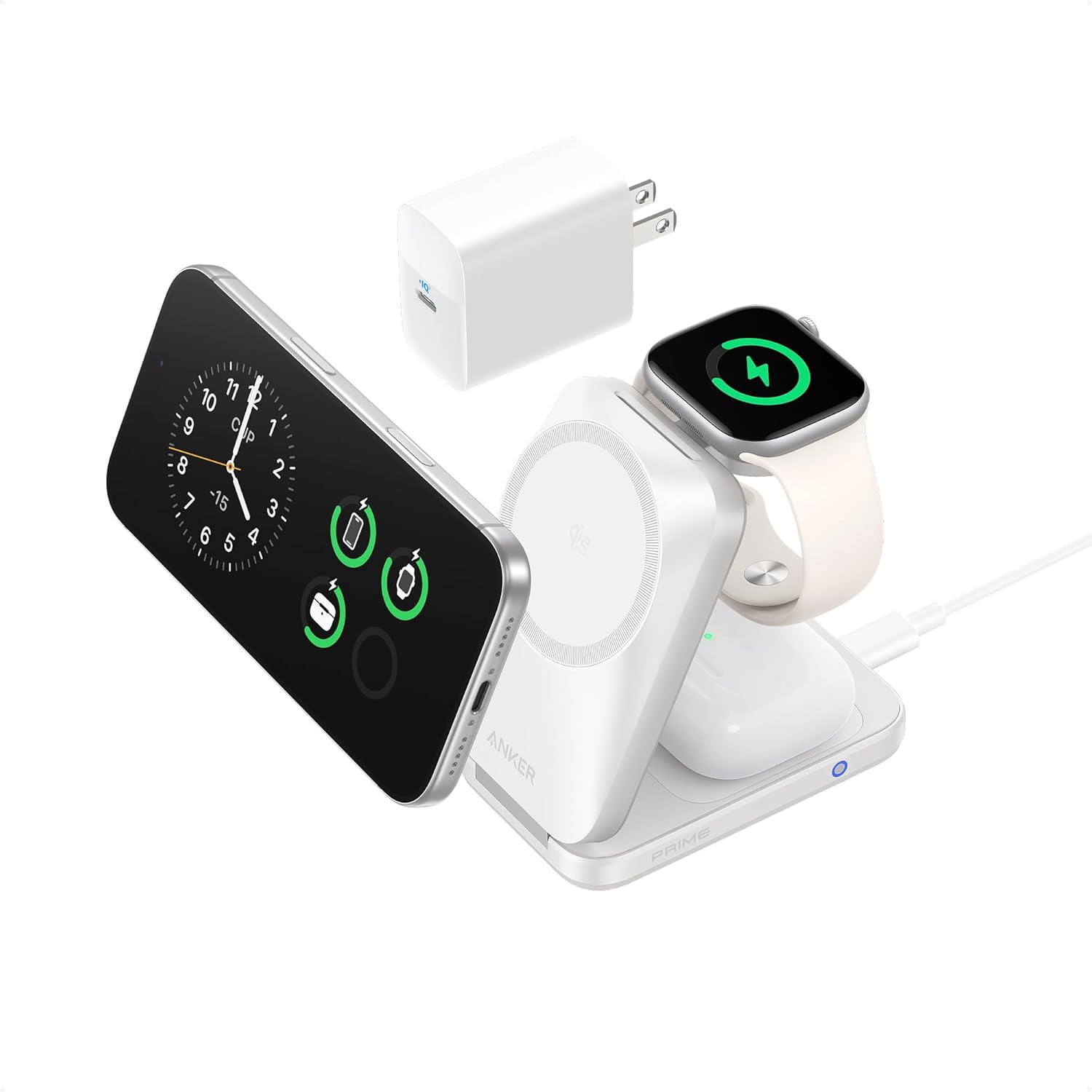 Anker Prime 3-in-1 Charging Station, AirCool Wireless Charger, Qi2 25W Certified Palm-Sized Foldable MagSafe Charger