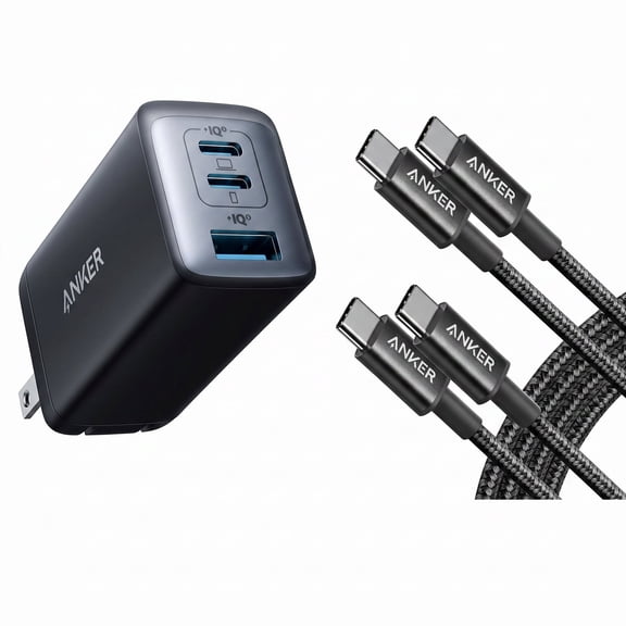 Anker USB-C Charger (65W, 3-Port, Foldable) + Anker USB-C to USB-C Cable (6 ft, 60W, 2-Pack)
