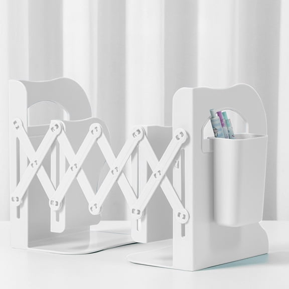 Adjustable Collapsible Book Ends - White Durable Plastic, Expandable & Space-Saving with Silicone Pads, Multi-Purpose for Books Magazines DVDs on Desktop