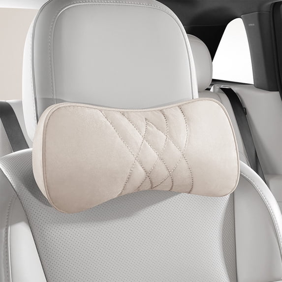 Ankereame Car Headrest, Embroidered Leather Velvet Beige - Ergonomic Neck Support for Long Drives/Daily Commute, Plush Easy-Clean Car Interior Accessory, Fits Most Vehicles