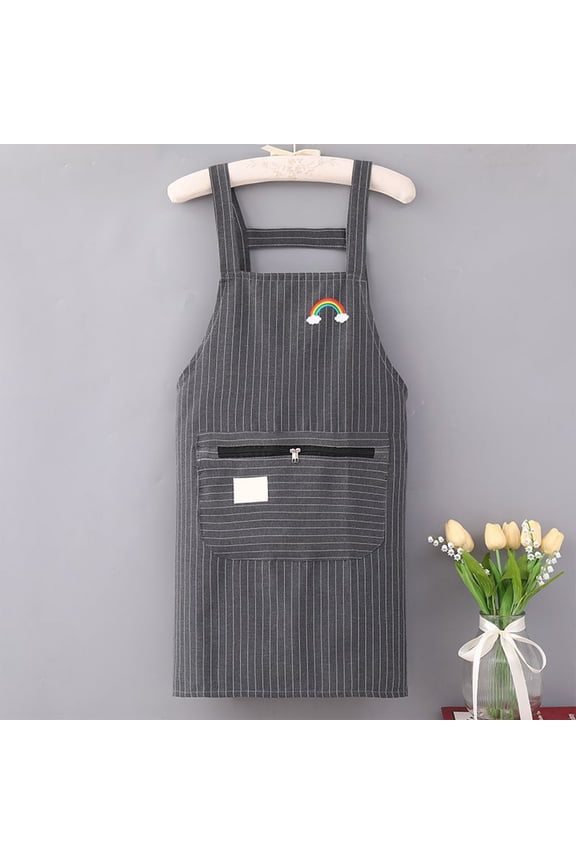 Gray Cotton Linen Apron - Stain-Resistant, Breathable, Adjustable Straps, Large Zipper Pocket, Pinstripe Design for Kitchen & Dining