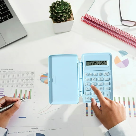 Macaron Blue Portable Flip-Top Palm Sized Calculator - Solar & Battery Powered, Tactile Feedback, 8-Digit for Stu-dents & Home Office