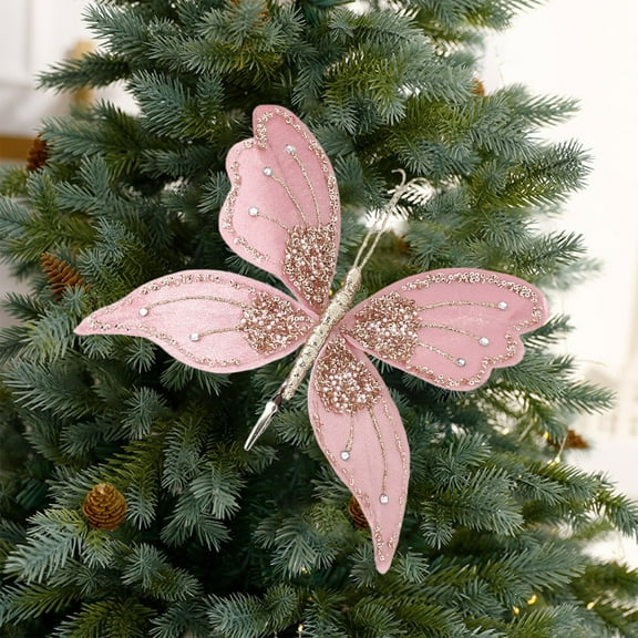 Ankereame Pink Sequin Christmas Butterfly Decor - Reusable Clip-On Cloth Ornament for Tree, Home & Holiday Parties (10.6x7.9 Inch)