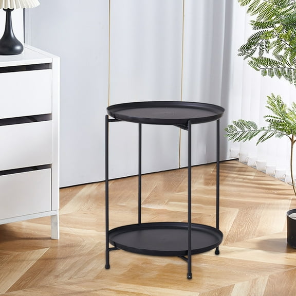 Scandinavian Nordic Two-Tier Side Table - Carbon Steel Frame, Black Plastic Tray, Rounded Edges, Compact for Small Spaces