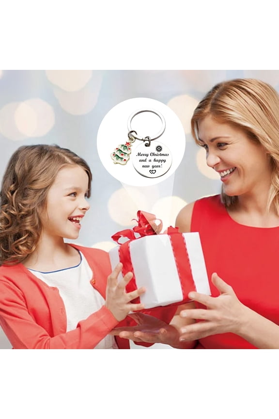 Stainless Steel Christmas Keychain - Silver Santa & Tree Engraved Keyring, Holiday Stocking Stuffer Gift for Family