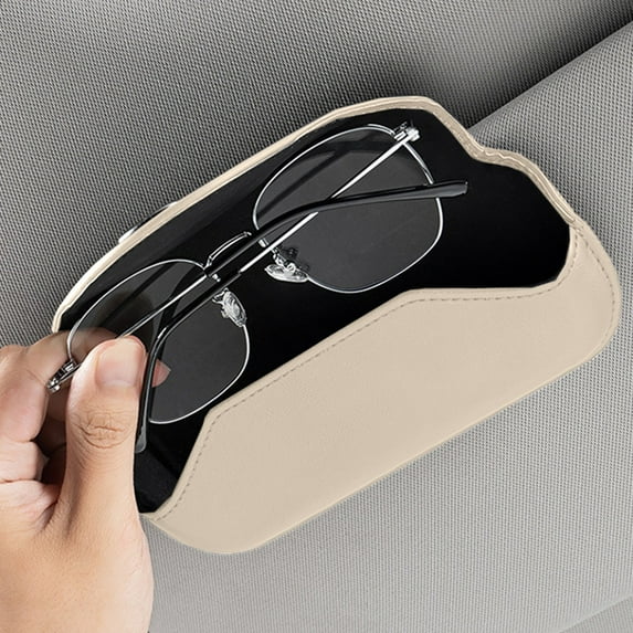 Universal Leather Car Sunglasses Holder - Beige, Sunshade & Multi Storage for Glasses, Bills, Change