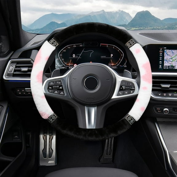 Winter Fuzzy Steering Wheel Cover for Women - Rhinestone Decor, Elastic, No Inner Ring, Soft Warm Polyester