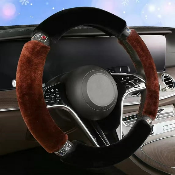 Winter Plush Steering Wheel Cover - Warm Fuzzy Polyester, Non-Slip with Rhinestone Bling, Cute Accessory for Women, Ideal for Cold Weather