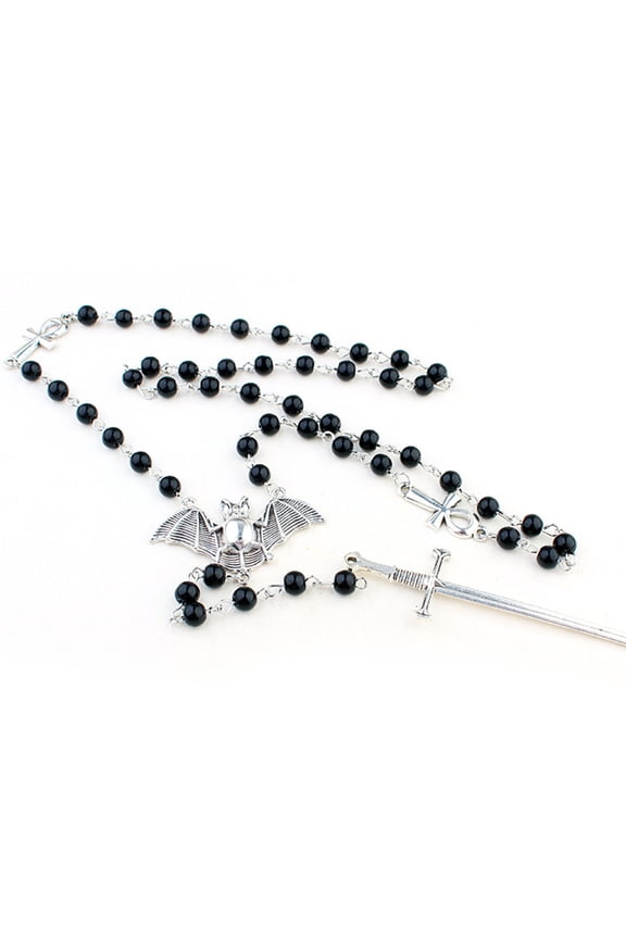 Ankh Black Beads Bat Necklace Punk Cool Long Rosary Beaded Necklace Gothic Sweater Chain for Women Men