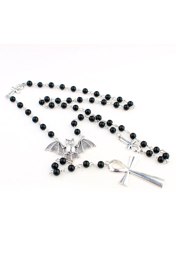 Ankh Black Beads Bat Necklace Punk Cool Long Rosary Beaded Necklace Gothic Sweater Chain for Women Men