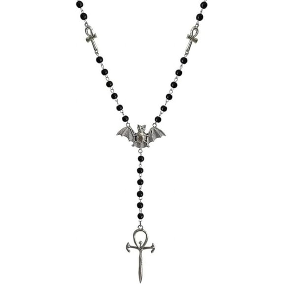 Ankh Cross Bat Necklace Religious Grunge Gothic Vampire Black Long Rosary Beaded Ancient Egyptian Necklace for Women
