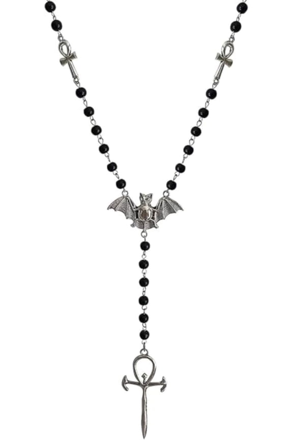Ankh Cross Bat Necklace Religious Grunge Gothic Vampire Black Long Rosary Beaded Ancient Egyptian Necklace for Women