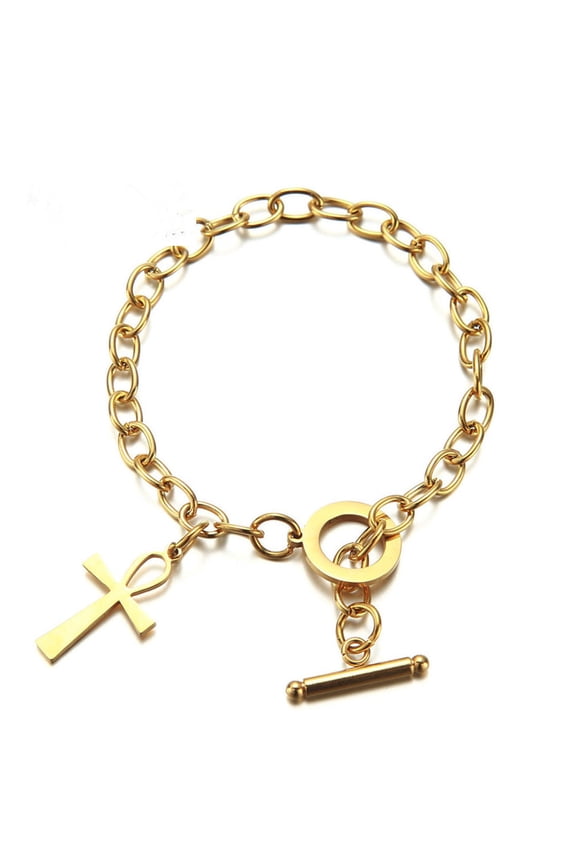 Ankh Cross Bracelet for Men Women Stainless Steel Link Bracelet with Egyptian Ankh Cross Charm Bracelet Egyptian Jewelry Ankh Bracelet with Toggle Clasp Anubis Protection Amulet Jewelry