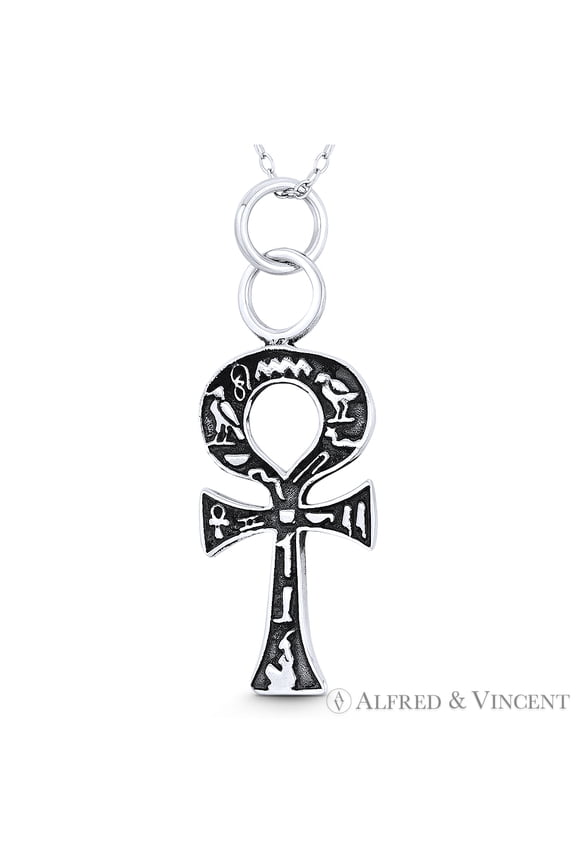 Ankh Cross Egyptian Hieroglyph & Key-of-Life Charm Pendant in Oxidized .925 Sterling Silver