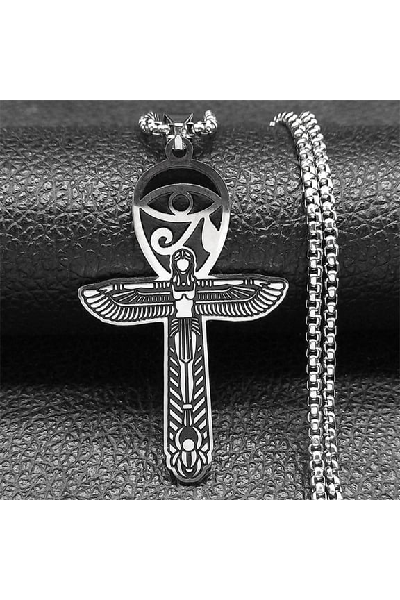 Ankh Cross Key of Life Goddess Wing Necklace for Women Men 14K White Gold Silver Color Eye of Horus Chain Jewelry