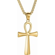 Ankh Cross Necklace, Key of Life Pendant with 24 or 22+6 Chain, Ancient Egyptian Coptic Cross Religious Jewelry, Powerful Protection Amulet for Men and Women