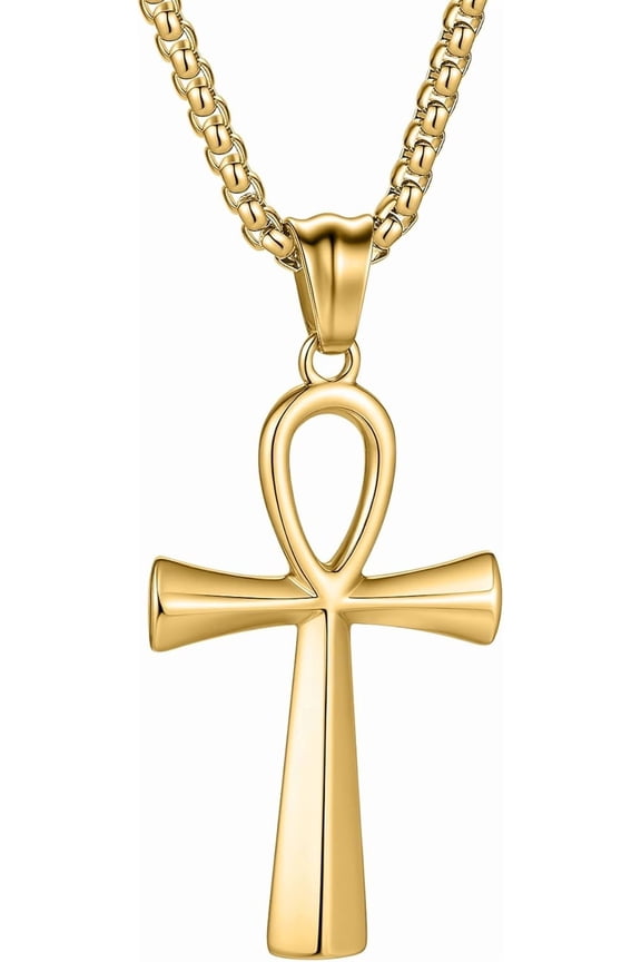 Ankh Cross Necklace, Key of Life Pendant with 24" or 22+6" Chain, Ancient Egyptian Coptic Cross Religious Jewelry, Powerful Protection Amulet for Men and Women
