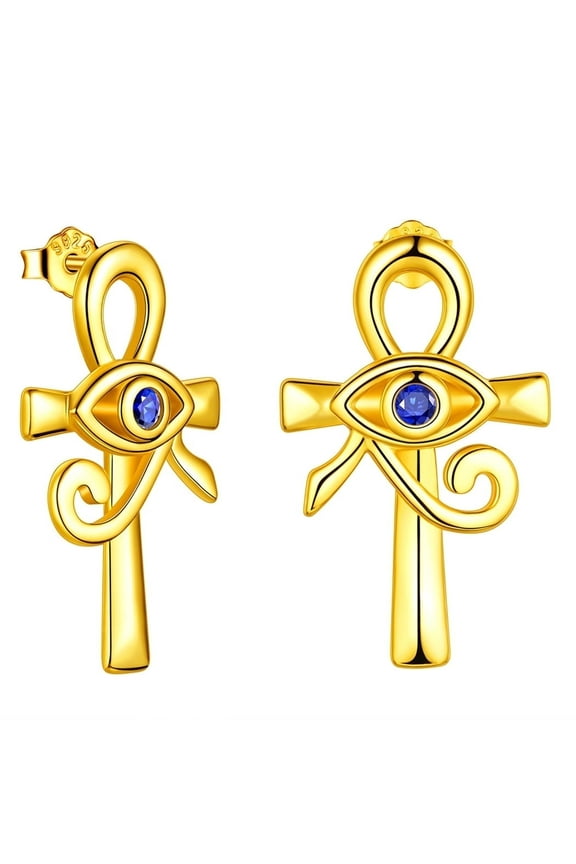 Ankh Cross Stud Eye of Horus Earrings Drop 925 Sterling Silver Men Women Ancient Egyptian Amulet Jewelry Gift