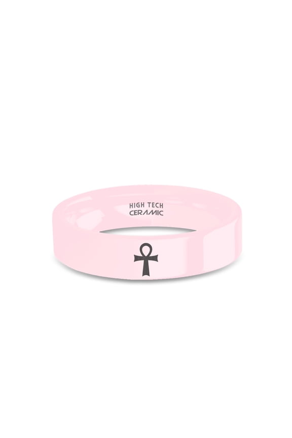 Ankh Egyptian Hieroglyph Laser Engraved Pink Ceramic Ring, 6mm, Size 9