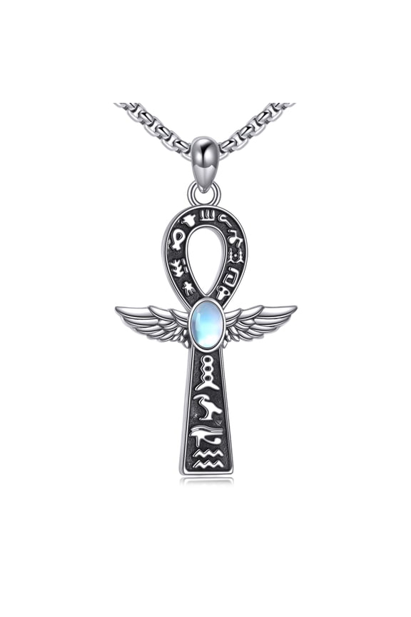 Ankh Necklace 925 Sterling Silver Cross Angel Wings Necklace Moonstone Egyptian Pendant Necklace Jewelry for Women Men