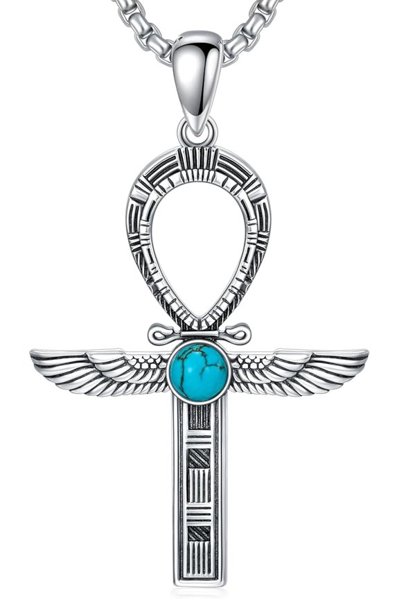 Ankh Necklace for Men 925 Sterling Silver Gemstone Egyptian Ancient Ankh Cross Pendant Protection Amulet Jewelry for Father