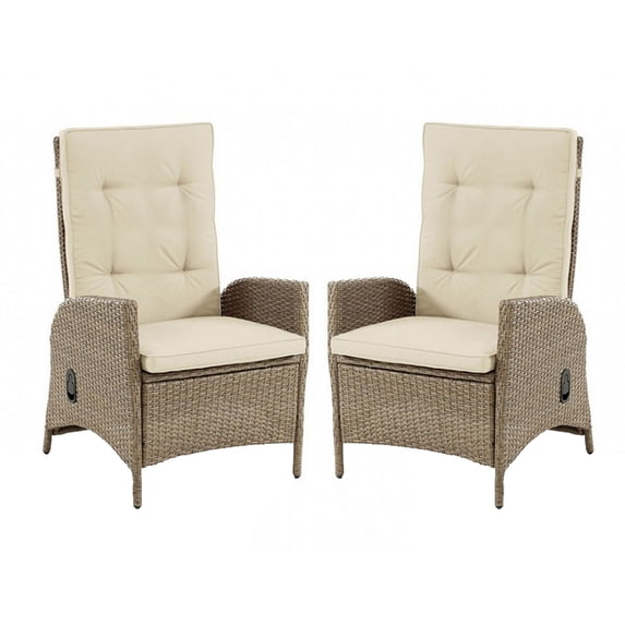 Ankia 25 Inch Outdoor Manual Reclining Chair Set of 2 Brown Wicker Beige