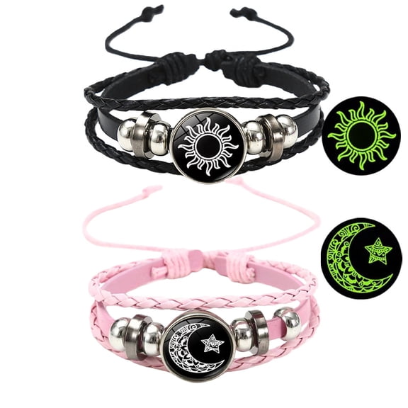 Ankiesno Luminous Sun and Moon Couple Bracelet - Glow in the Dark Matching Braided Leather Jewelry for Couples, Adjustable Long Distance Love Gift for Him & Her (black,pink)