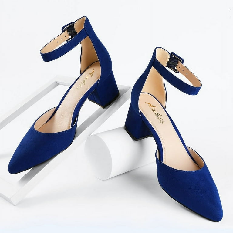 Ankis Closed Toe Heels Women Pointed Toe Heels Low Block Chunky Women Pumps with Ankle Strap 2.25 Inch