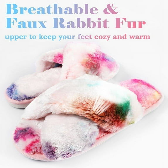 Ankis Womens Fuzzy Memory Foam Slippers Cross Band Cozy Plush Home Slippers Fluffy Furry Open Toe House Shoes Indoor Outdoor Slide Slipper
