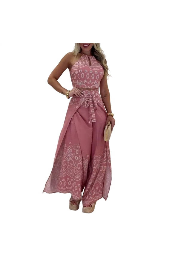 2 Piece Boho Sets for Women Vintage Bohemian Hawaiian Sleeveless Blouse Halter Top Wide Leg Pants Set for Beach