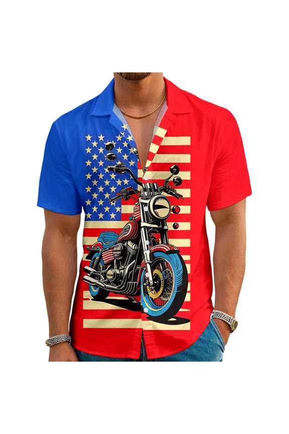 American Flag Button Down Shirt Men US Flag Print Short Sleeve Casual Shirts Summer Beach Aloha Outfit for Memorial Day