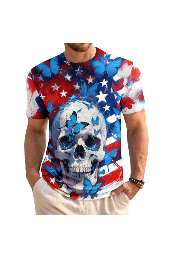 American Flag Shirts for Men Gothic Skull July 4th Shirt American Skull Patriotic Flag Graphic Tee for Parade