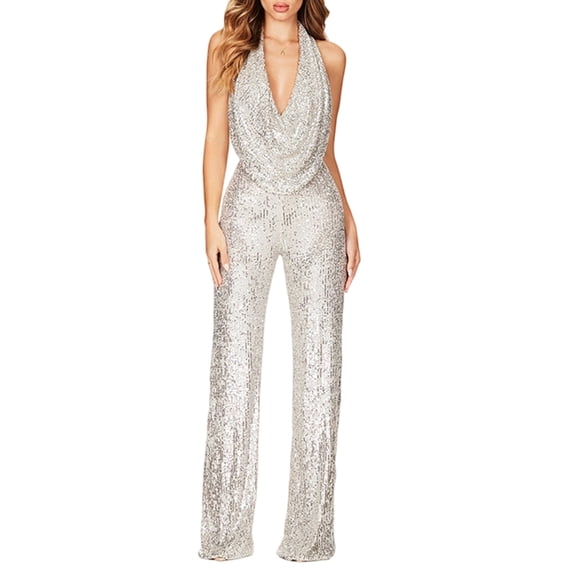 Ankishi Backless Halter Jumpsuit Deep V Sparkly Halter Cowl Neck Sparkly Jumpsuits Clubwear Outfit for Daily Wear Dating Party