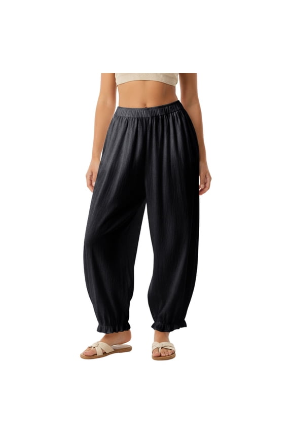 Balloon Pants Woman High Waist Ruffle Summer Casual Baggy Pants Elastic Waist Lantern Trousers for Travel