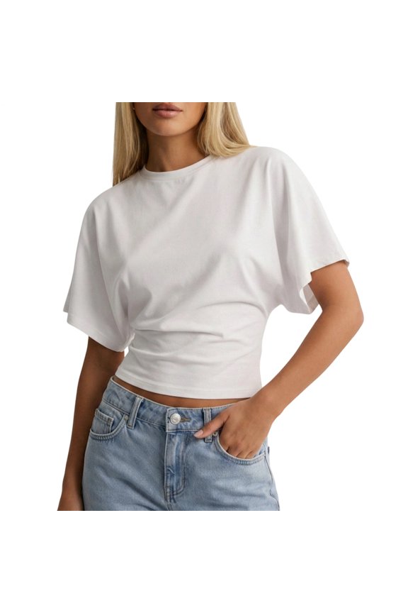 Batwing Short Sleeve Tops for Women Crewneck Solid Color Ruched Cinched Waist Crop Tee Loose Fit Tops for Outings
