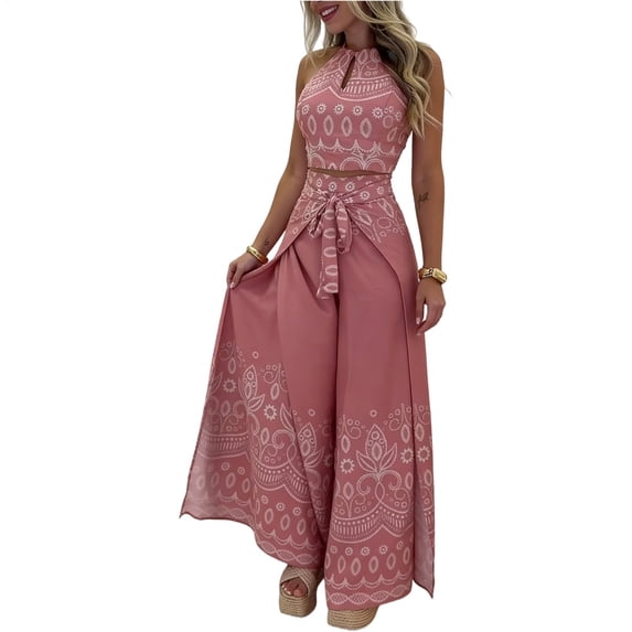 Ankishi Boho Sets Women 2 Piece Outfits Bohemian Style Hawaiian Sleeveless Blouse Halter Top Wide Leg Pants Set for Beach