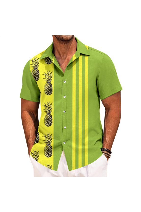 Bowling Shirt Men Pineapple Print Casual Summer Shirts Hawaiian Button Down Clothes for Beach Vacation